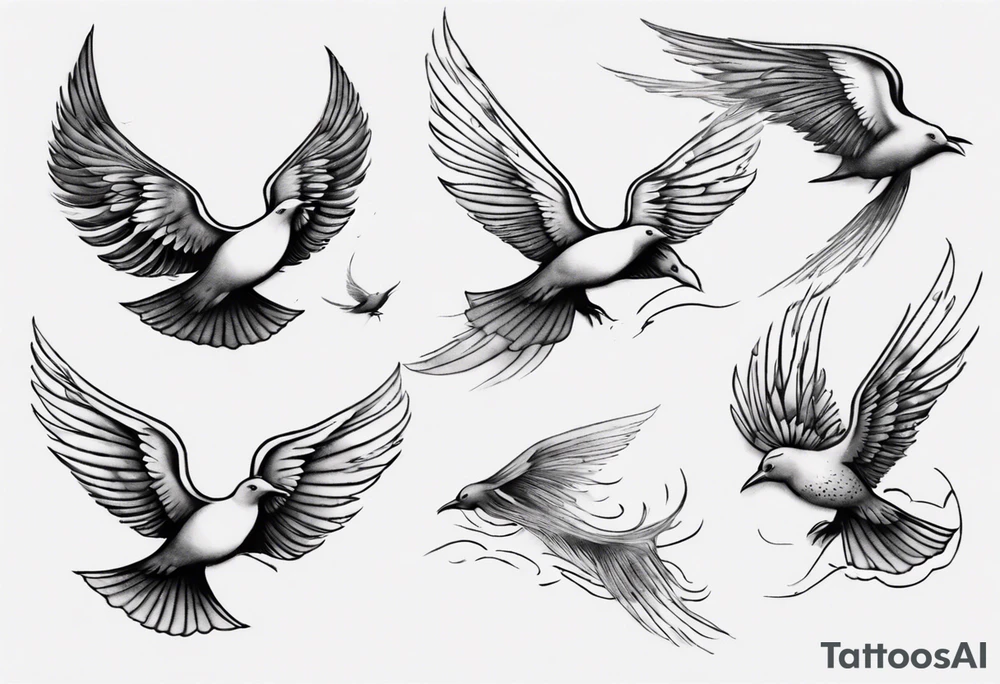 a shoulder tattoo with lots of rays of light in gradient, clouds and birds flying free tattoo idea