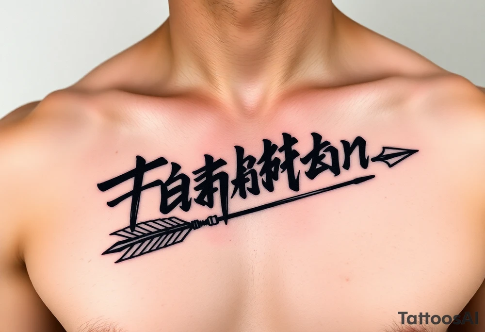 japanese text on chest with arrow tattoo idea