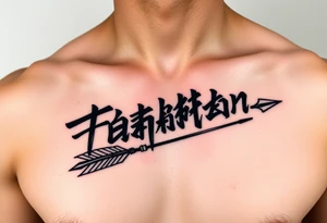 japanese text on chest with arrow tattoo idea