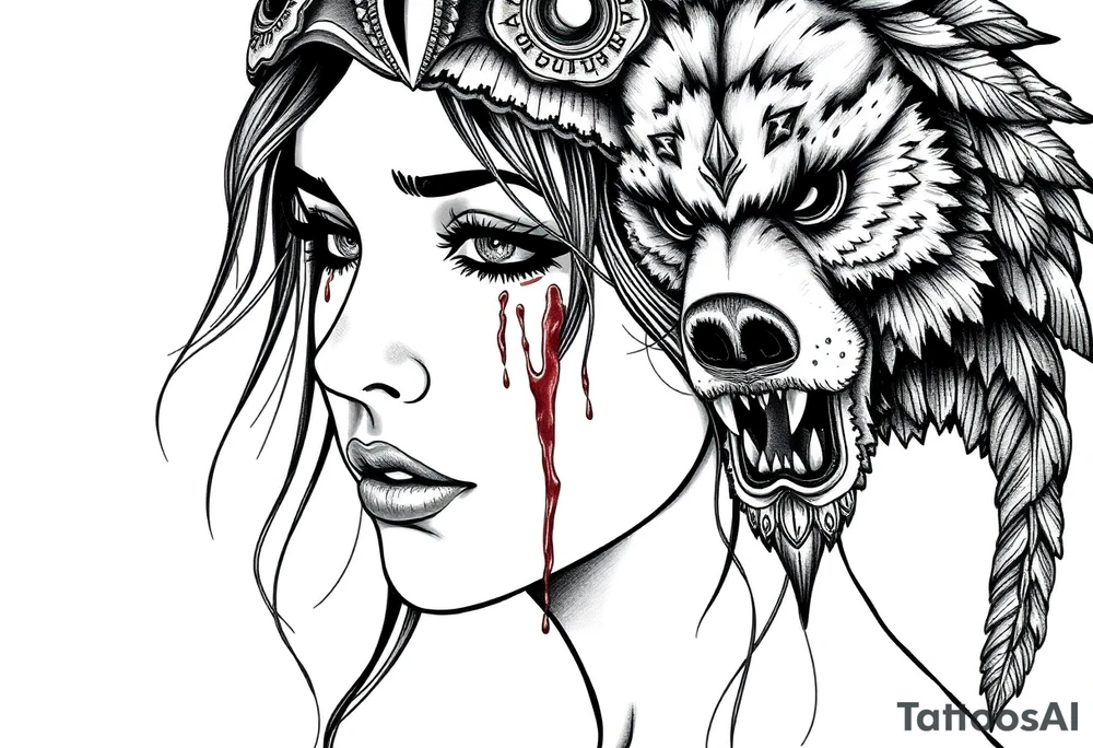 Beautiful Womans shedding a tear, with battle scars and blood on face, wearing a mean looking bear headdress on head tattoo idea
