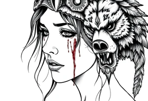 Beautiful Womans shedding a tear, with battle scars and blood on face, wearing a mean looking bear headdress on head tattoo idea