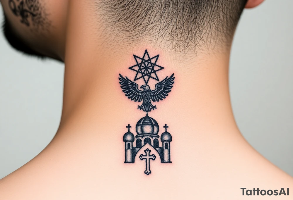 Miniature Echo
A smaller, refined version of your back composition stacked vertically:

Top: Small 8-pointed Russian star (Bethlehem star)
Middle: Tiny double-headed eagle (simplified, more linework style)
Bottom: Orthodox church dome with a cross tattoo idea
