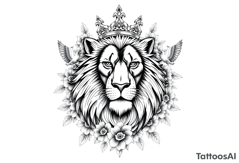 powerful majestic lion with a crown, surrounded by floral ornaments and birds tattoo idea
