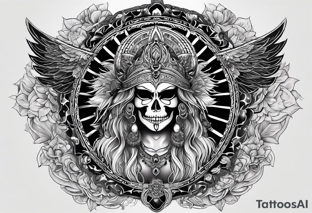 black kali, goddess pirate, alien, pachamama, valkrye, warrior, skull, lotus azul, wing, eagle, zenza resonance, stars, 5D tattoo idea
