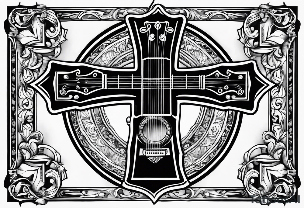 detailed christian cross with acoustic guitar tattoo idea