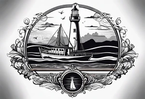 voilier vue de face. phare maritime fixé au centre du voilier et utilisé comme un mat pour les voiles. tattoo idea