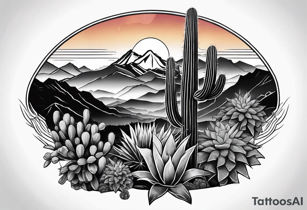 Forearm, cactus, sunset, mountain tattoo idea