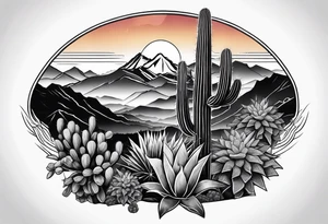 Forearm, cactus, sunset, mountain tattoo idea
