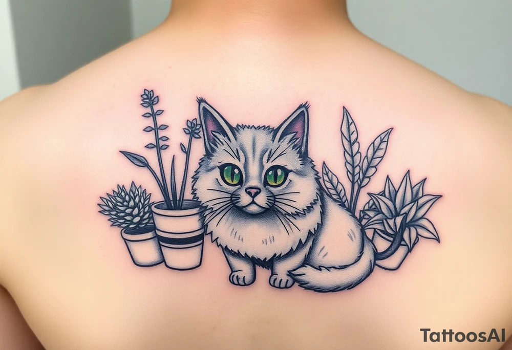 6x6 cartoonish tattoo of house plants and a fluffy grey cat with green  eyes tattoo idea