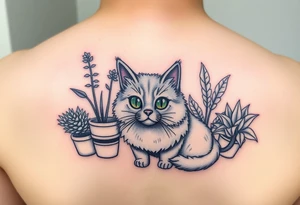 6x6 cartoonish tattoo of house plants and a fluffy grey cat with green  eyes tattoo idea