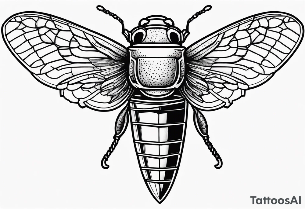 Cicada stippled and shaded with a sword going through it tattoo idea