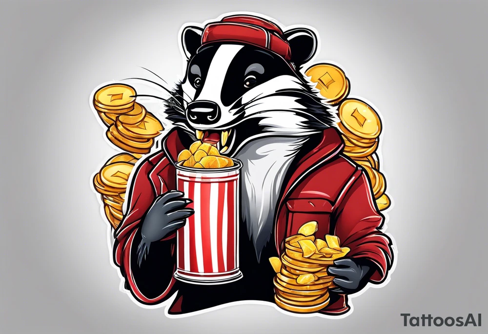 badger with mouth open with soda can and chips tattoo idea