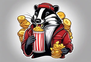 badger with mouth open with soda can and chips tattoo idea