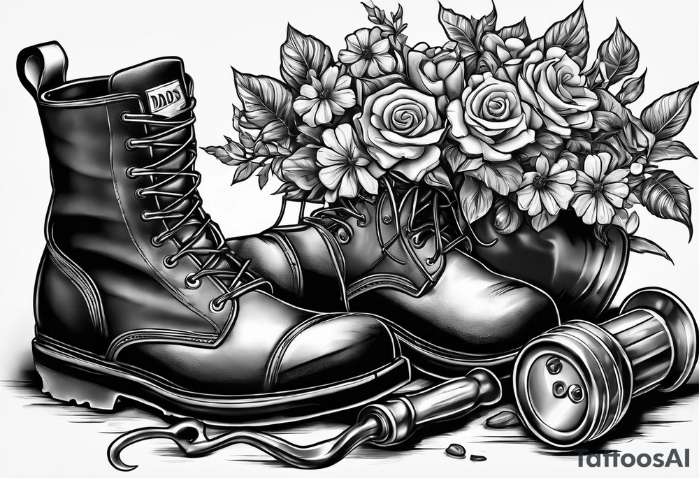 dads worn out work boots sitting with wrench, screwdriver & hammer and a beer around or near it and flowers growing out of the boots. tattoo idea