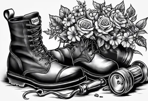 dads worn out work boots sitting with wrench, screwdriver & hammer and a beer around or near it and flowers growing out of the boots. tattoo idea