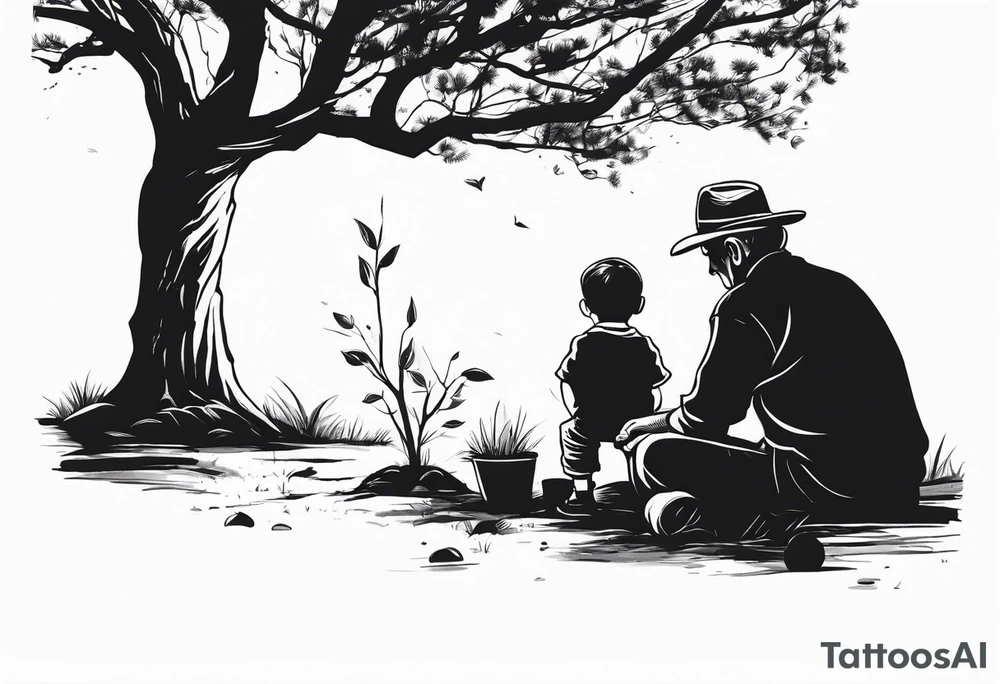 Old man planting a tree. Alongside a young boy playing under a full grown tree. they are not together tattoo idea