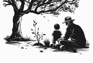 Old man planting a tree. Alongside a young boy playing under a full grown tree. they are not together tattoo idea