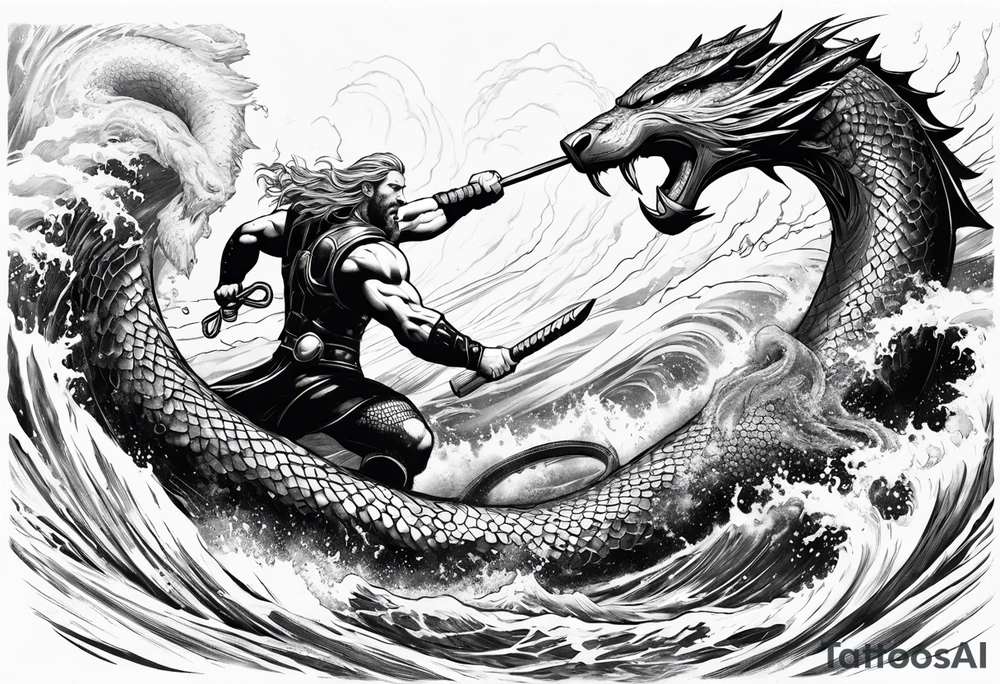 thor fighting jormungandr in the ocean during a hurricane tattoo idea