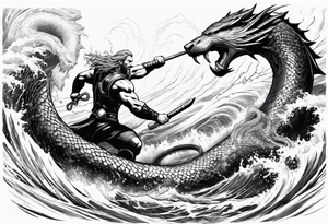 thor fighting jormungandr in the ocean during a hurricane tattoo idea