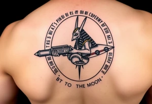 "Anubis in a ufo, holding a tommy gun. . Hieroglyph background spells 'BTC TO THE MOON'.  

Style: Art Deco meets cyber-Egyptian. Black/red/gold ink. Forearm sleeve." tattoo idea