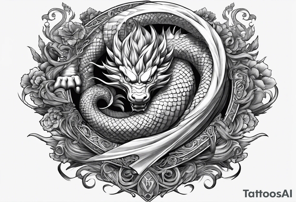 Future trunks sword with shenron spiraling around it tattoo idea