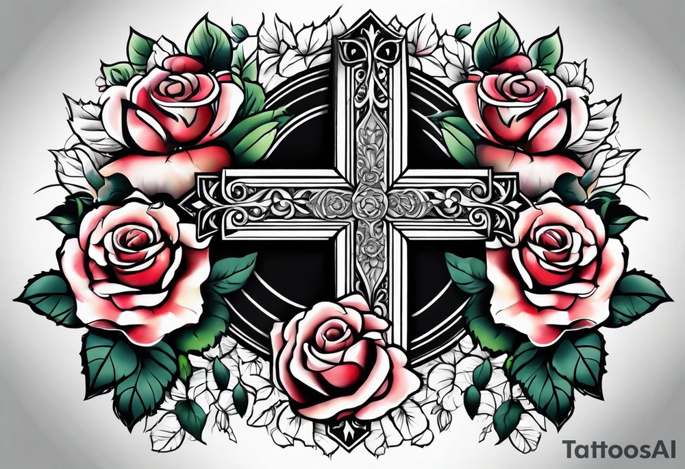 Cross with colored roses tattoo idea