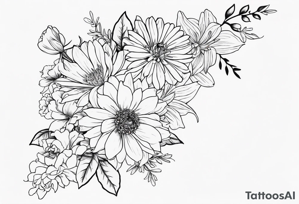 Asters, roses, Lillies, chrysanthemums in a long line tattoo idea