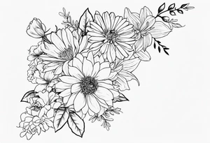 Asters, roses, Lillies, chrysanthemums in a long line tattoo idea