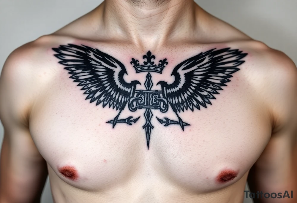 Chest tattoo, two laurier and icelandic symbols, dark brest tattoo, crown betwen ravens tattoo idea