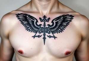 Chest tattoo, two laurier and icelandic symbols, dark brest tattoo, crown betwen ravens tattoo idea