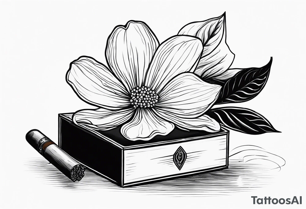 A simple vintage cigar box with a dogwood flower next to it as well as a lit cigar tattoo idea