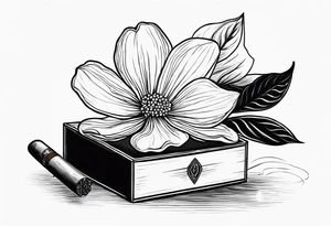 A simple vintage cigar box with a dogwood flower next to it as well as a lit cigar tattoo idea