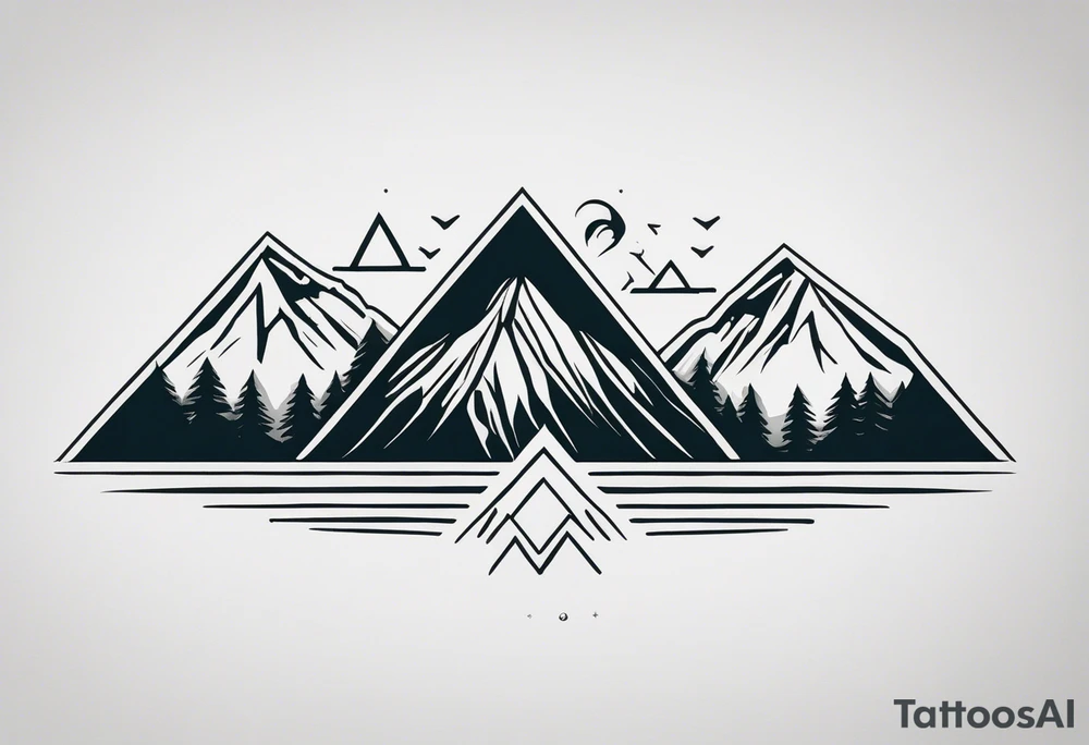 Designing a tattoo based on three mountains and three trees can result in a beautiful and symbolic piece of art. Here's a description of a possible design:

The tattoo features three majestic mountains, each representing strength, endurance, and challenges in life. The mountains are depicted in a minimalist style, with clean lines and geometric shapes, symbolizing the peaks that one aims to conquer.

Intertwined with the mountains are three trees, each representing growth, resilience, and connection to nature. The trees are depicted with intricate details in their branches and leaves, symbolizing the deep roots and branches of life experiences and personal growth.

The composition of the tattoo can be designed in a circular or triangular pattern, with the mountains and trees arranged in a balanced and harmonious way to symbolize the unity of nature and personal journey.

The tattoo can be inked in black and gray ink to highlight the contrast between the mountains and trees, or in a colorful palette to represent the beauty and diversity of the natural world.

Overall, this tattoo design serves as a powerful symbol of personal growth, endurance, and connection to nature, reminding the wearer of their inner strength and resilience in overcoming life's challenges. tattoo idea