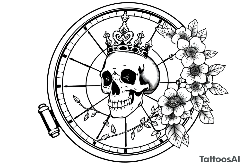 Compass with detailed beautiful gothic boho flowers on vine and skull with gorgeous crown tattoo idea