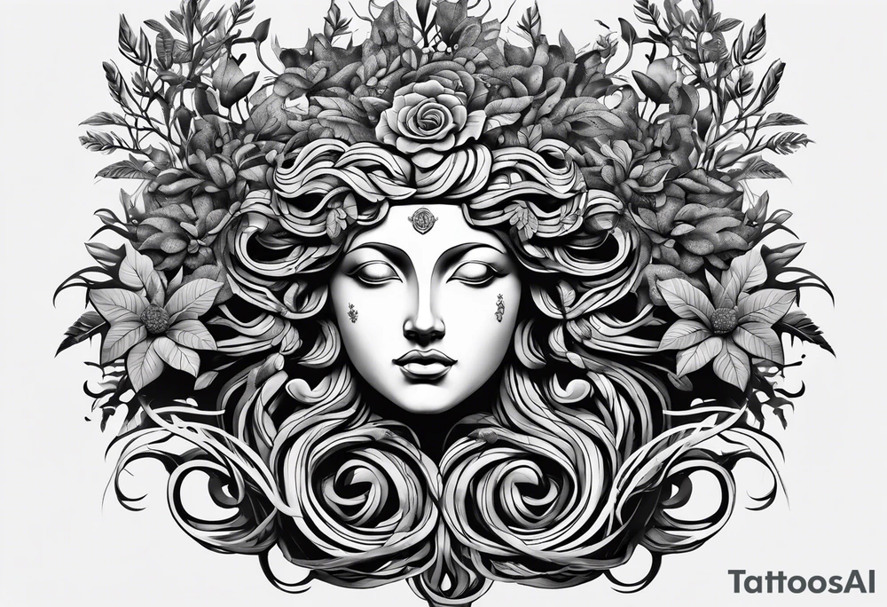 medusa sculpture bust with plants and cracks in sculpture. minimal artistic edgy tattoo idea