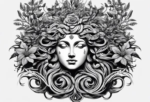 medusa sculpture bust with plants and cracks in sculpture. minimal artistic edgy tattoo idea