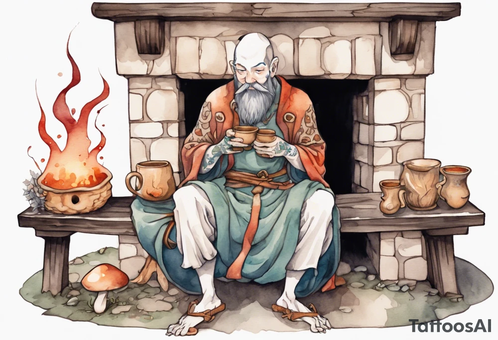 a mushroom-creature with a beard wearing a medieval tunic sitting on a bench by a fireplace drinking from a wood cup, happy tattoo idea