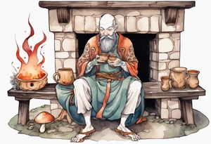 a mushroom-creature with a beard wearing a medieval tunic sitting on a bench by a fireplace drinking from a wood cup, happy tattoo idea