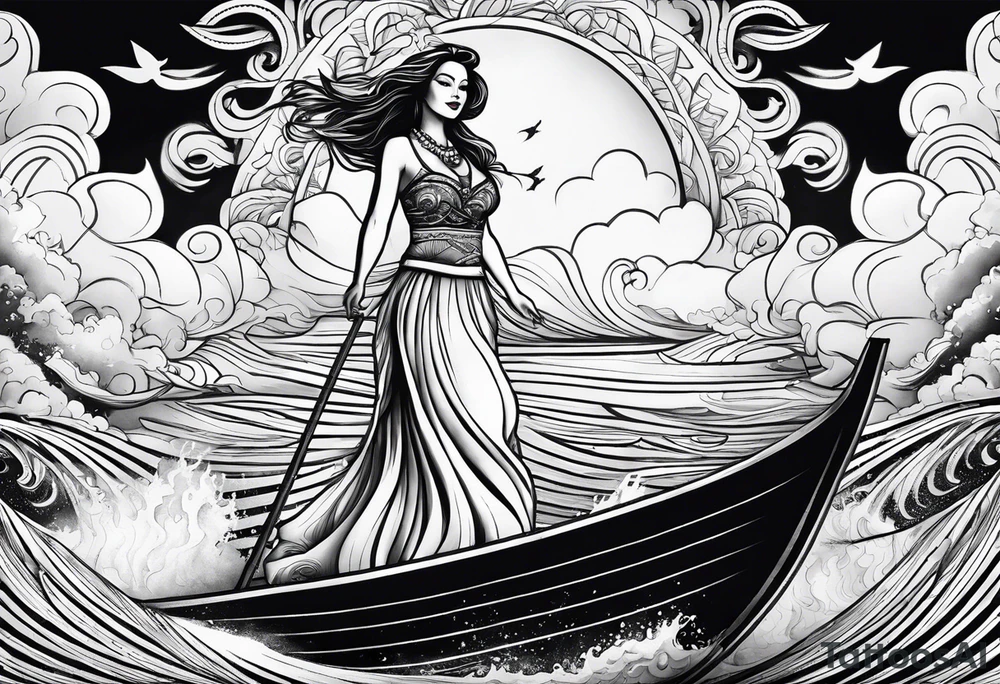 Hula girl on a sailboat with waves and clouds tattoo idea
