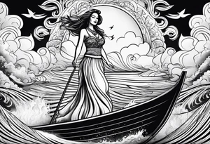 Hula girl on a sailboat with waves and clouds tattoo idea