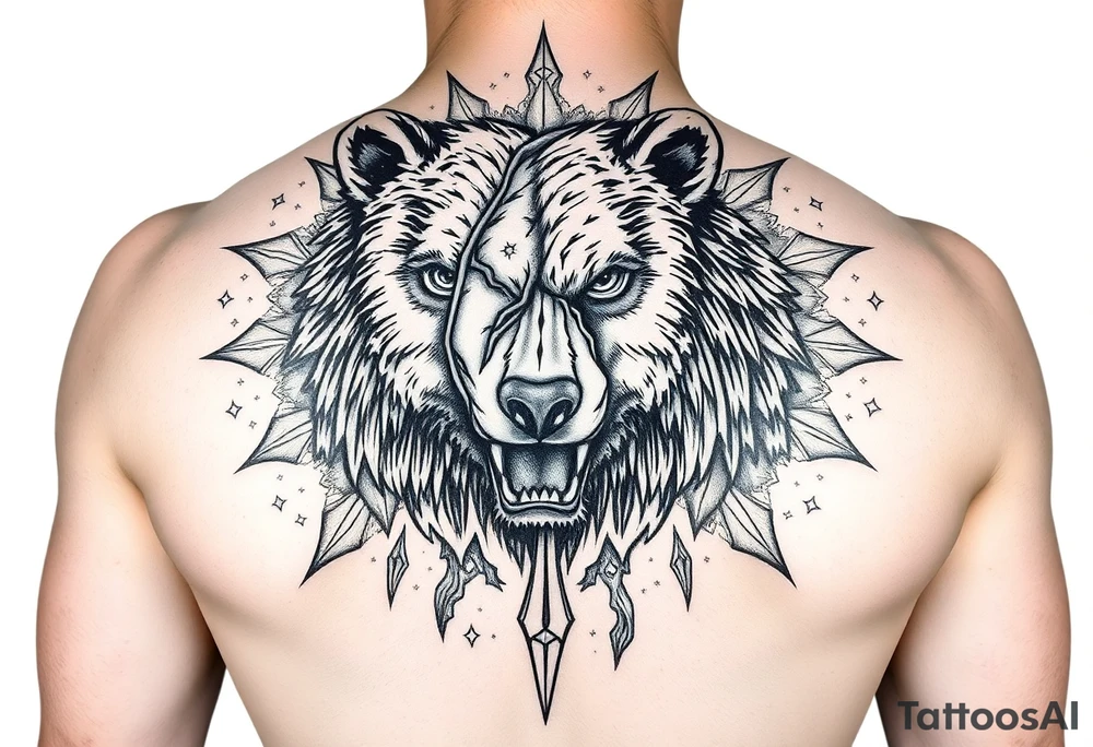 powerful majestic bear, surrounded by interstellar and arcane mage vibes - arm sleeve tattoo idea