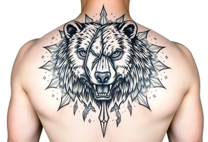 powerful majestic bear, surrounded by interstellar and arcane mage vibes - arm sleeve tattoo idea