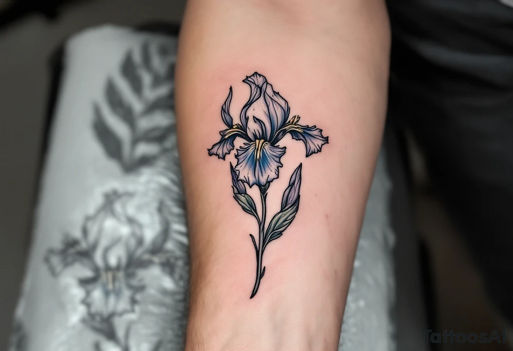 iris flower with the name iris written in the stem of the flower tattoo idea