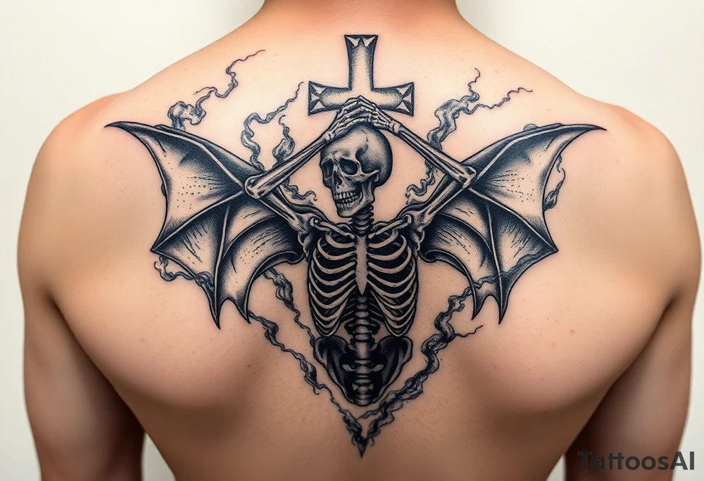 Skeleton in despair, surrounded by smoke, upside down cross, demon woman tattoo idea