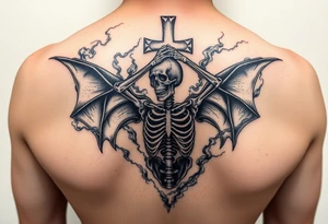 Skeleton in despair, surrounded by smoke, upside down cross, demon woman tattoo idea