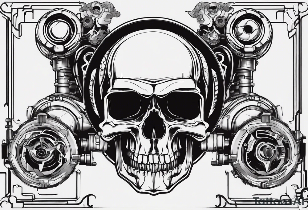 Powerful skull and engine, in this appears a piston and a turbo, also the dseign must be vertical. Also, the desing must be minimalistic not saturated. Remember the vertical design as this will go in my calf tattoo idea
