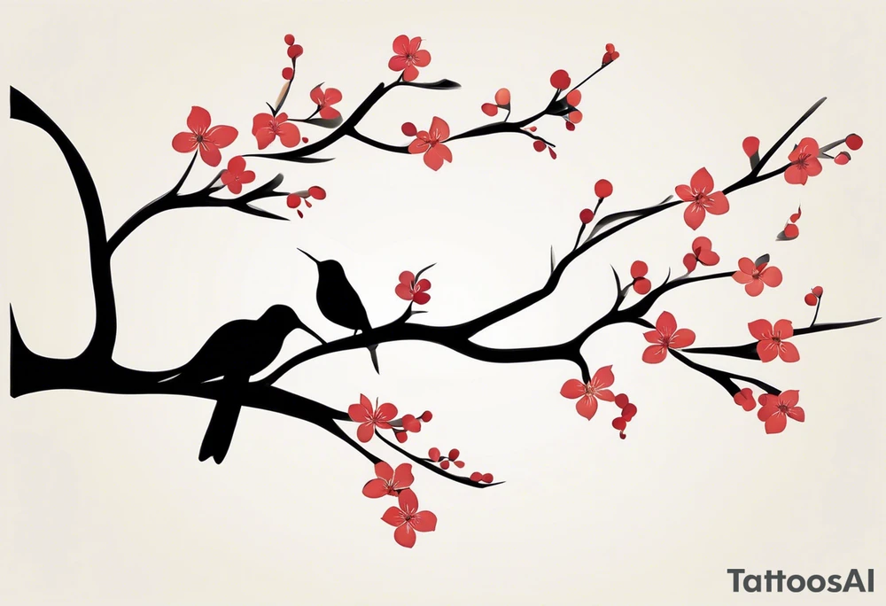 “Create a fine, delicate tattoo that starts at the lower back and extends to the middle of the back. The design should feature a thin, flowing Japanese plum branch, with small plum blossoms and ginkgo leaves subtly integrated into the branch. Carefully conceal the following elements within the design: a small, elegant horseshoe, a hummingbird in flight, a graceful butterfly, an antique pocket watch with intricate details, and a small, sparkling diamond. Ensure that these elements blend seamlessly and harmoniously into the natural flow of the branch, creating a refined and elegant composition with all details appearing subtle and not overwhelming. The overall aesthetic should feel organic, balanced, and artistically intricate.” tattoo idea
