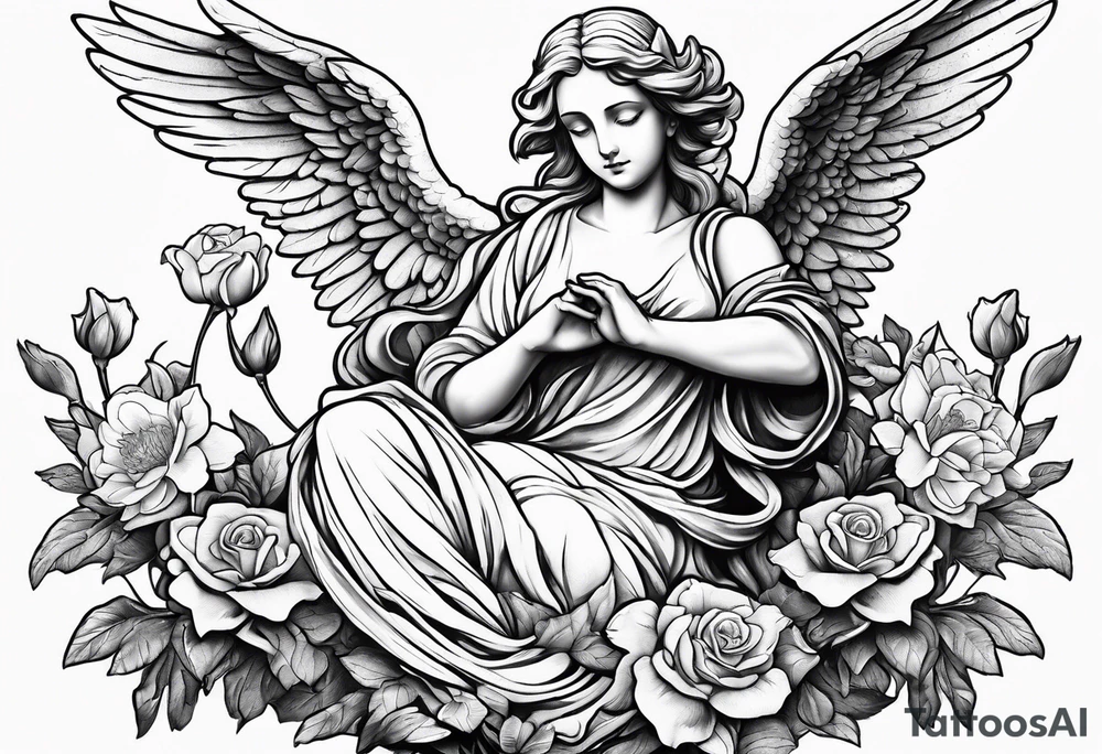 Angel statue stood on a rock with daffodils and roses wrapped around its legs tattoo idea
