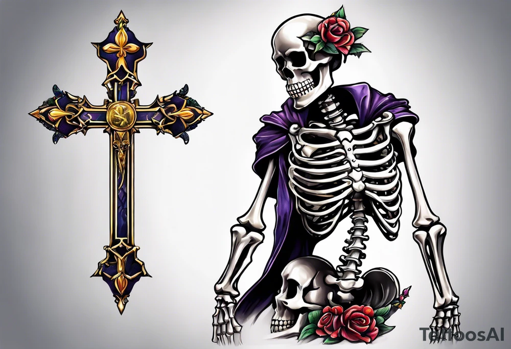 skeleton walking with a cross tattoo idea