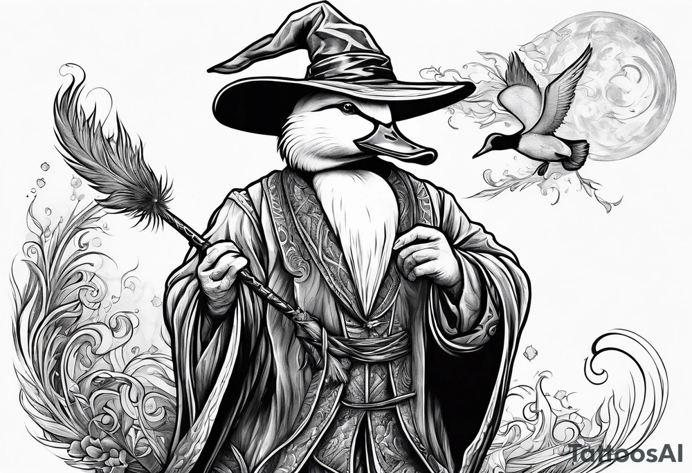 Dabbling Duck dressed like a wizard casting a spell with his wand tattoo idea